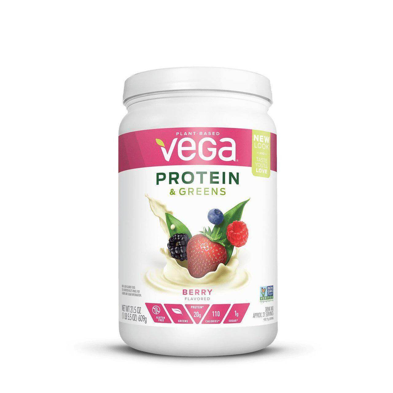 Vega Protein And Greens, June 2021 Vega Protein And Greens in white plastic container